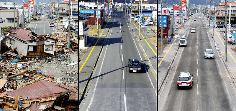Последствия цунами в городе Офунато в марте 2011, через год и два года спустя, Япония. Истчоник: AFP PHOTO / Toru Yamanaka